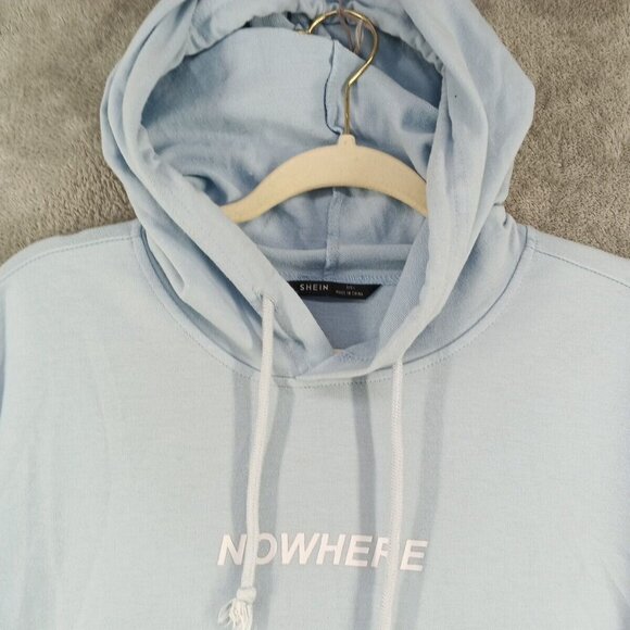SHEIN Hoodie Size LARGE(12-14) "NOWHERE" Print Light Blue Knit Casual Pullover - Picture 6 of 12